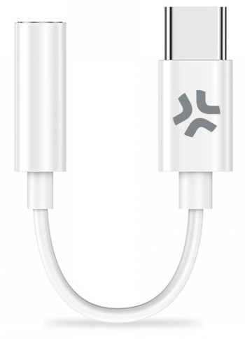 Valkoinen Celly USB-C -adapteri, jossa 3,5 mm ääniliitin ja lyhyt valkoinen kaapeli.
