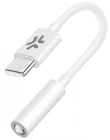 Valkoinen CELLY USB-C adapteri, jossa on taipuisa johto ja 3,5 mm kuulokeliitäntä, kuvattuna valkoisella taustalla.