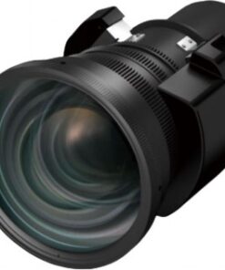 Epsonin zoom-objektiivi, musta sylinterimäinen linssi, jossa on heijastava etupinta ja metalliset kiinnikkeet.