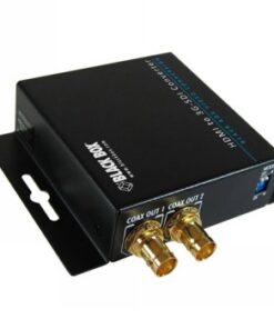 Musta suorakulmainen HDMI-3G/HD-SDI-muunnin, jossa kaksi kultaista liitäntää ja Black Box -logo.