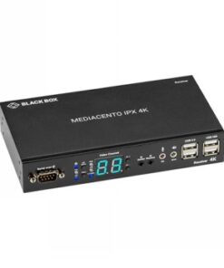 Mustan suorakaiteen muotoinen Black Box Mediacento IPX 4K vastaanotin, painikkeet ja portit etupaneelissa.
