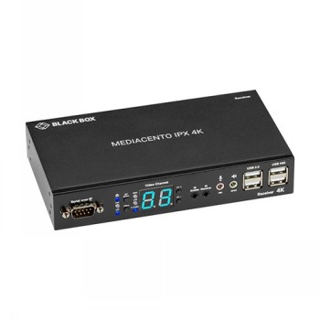 Mustan suorakaiteen muotoinen Black Box Mediacento IPX 4K vastaanotin, painikkeet ja portit etupaneelissa.
