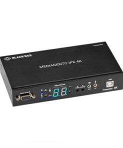 Mustan suorakulmaisen Black Box Mediacento IPX 4K -lähettimen etupaneeli ja liitännät.