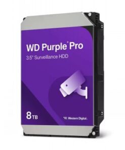 Lähikuva Western Digitalin 8TB Purple Pro HDD:stä violettikantinen etiketti ja valvontakameraikoni.