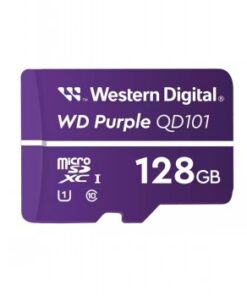 Lila Western Digital Purple 128GB microSD-muistikortti valkoisilla merkinnöillä, tasainen näkymä edestä.