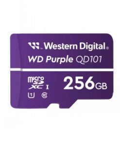 Violetti 256GB Western Digital Purple microSDXC-muistikortti, valkoinen teksti ja logo, edestä kuvattuna.
