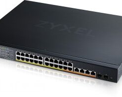 Musta Zyxel-switch, jossa on 24 porttia, joiden tulikritkylt näkyvät etupuolella.