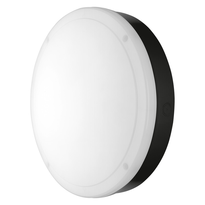 Pyöreä, mustareunainen LED-ulkovalaisin, jossa valkoinen kupu ja IP65-suojaus.