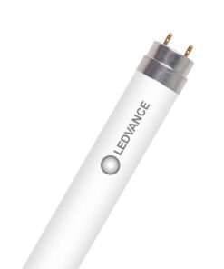 Valkoinen LEDVANCE T8 LED-loistelamppu, hopeanvärinen pääty ja kaksi pinniä.