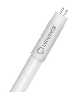 Valkea ja kapea LEDVANCE T5 LED-valoputki kahdella liitinpinnillä, suunnattuna diagonaalisesti.