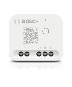 Bosch-rele, valkoinen suorakaiteen muotoinen sähkölaite liitinterminaalilla ja QR-koodilla.