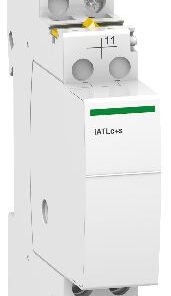 Valkoinen Schneider Electricin sysäysrele, jossa vihreä korostus linjakkaassa muotoilussa.