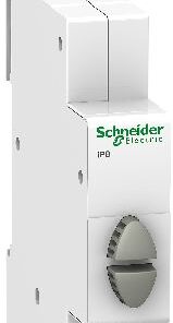 Harmaa ja valkoinen Schneider Electricin kaksoispainike, jossa näkyy kaksi pyöreää painiketta ja IPB-logo.