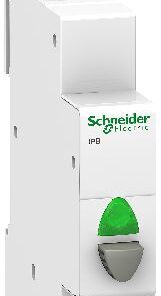 Valkoinen Schneider Electricin kapeamuotoinen painike, vihreä valo etulevyssä.