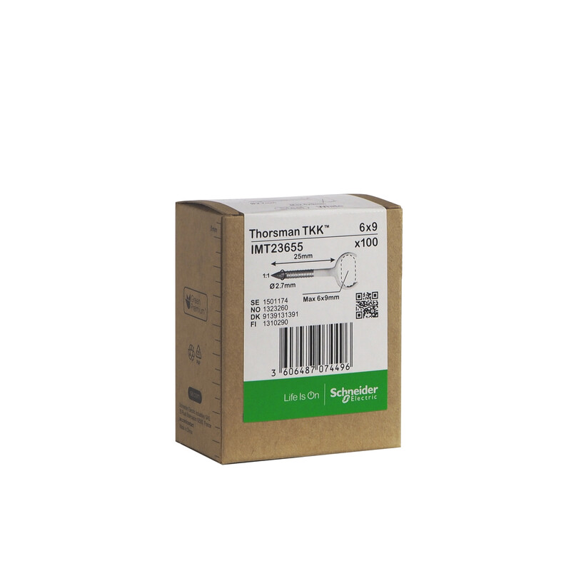 Schneider Electric Thorsman TKK 6x9 lyöntikiinnike valkoisessa pahvilaatikossa, tuotetiedot näkyvissä.