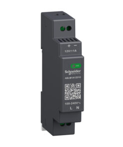 Kompakti musta Schneider Electric -teholähde, jossa 12 V/1 A merkinnät, vihreä LED-valo ja liittimet ylhäällä.