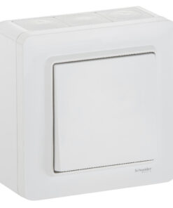 Valkoinen Schneider Electric Exxact 6-kytkin, pinta-asennettava IP44, mukana pinta-asennusrasia ja kehys.