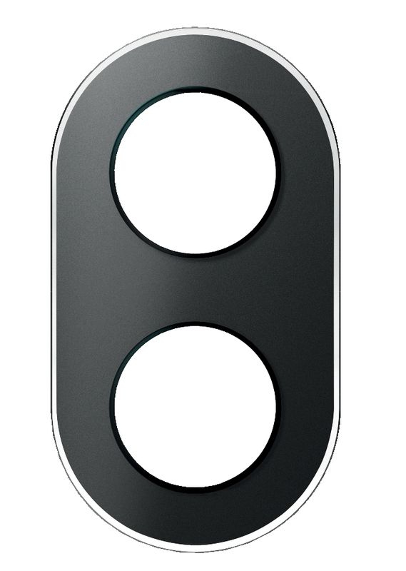 Musta, ovaalinmuotoinen Schneider Electric Renova -lasikehys kahdelle kytkimelle, moderni ja tyylikäs design.