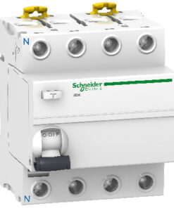 Schneider Electric Acti 9 IIDK vikavirtakytkin nelipolttimoinen, valkoinen runko, vihreä logo, sivunäkymä.