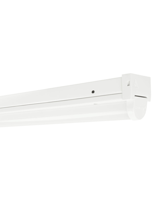 Pitkä ja kapea, valkoinen LED-valaisin, sopii kattokiinnitykseen. Minimalistinen muotoilu.