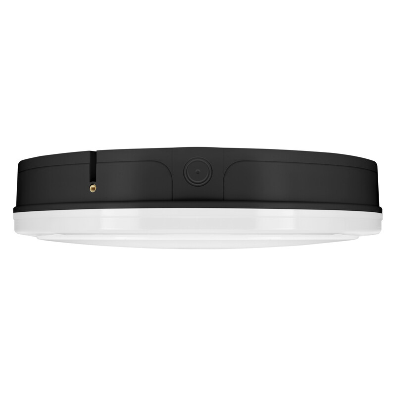 Pyöreä mustakehyksinen LED-valaisin valkoisella diffuusorilla, sivuprofiili.