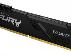 Musta Kingston Fury Beast DDR4-muistikampa, jossa harmaat logo- ja mallimerkinnät, alakulmassa kultaiset liitännät.