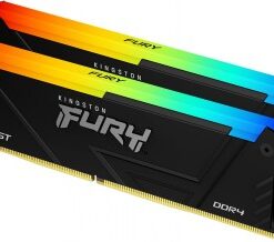 Kaksi mustaa Kingston Fury DDR4-muistikampaa, joissa on RGB-valaistus yläreunassa ja minimalistinen muotoilu.