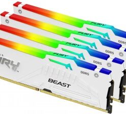 Neljä valkoista Kingston Fury Beast DDR5 -muistikampaa RGB-valaistuksella, järjestettynä vierekkäin.