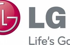 LG-logo, punainen ympyrä ja valkoiset kirjaimet, vasemmalla graafinen L ja G.